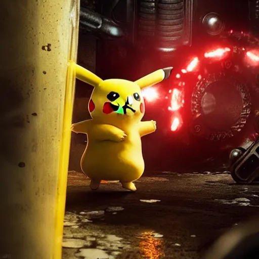 Image similar to pikachu in Gears of War, splash art, movie still, cinematic lighting, dramatic, octane render, long lens, shallow depth of field, bokeh, anamorphic lens flare, 8k, hyper detailed, 35mm film grain