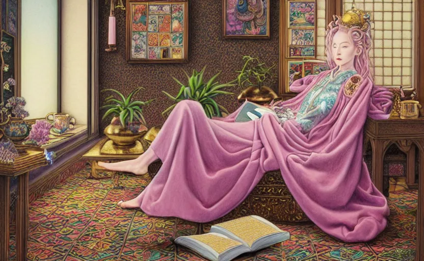 Prompt: a pastel drawing of a female wizard, ornate clothing, lounging on a purpur pillow on the marbled checkered floor in his study room reading an ancient tome. to the side is a potted plant, moody candlelit raytracing. ancient scifi fantasy setting. detailed face, sharp focus. by chie yoshii and mati klarwein