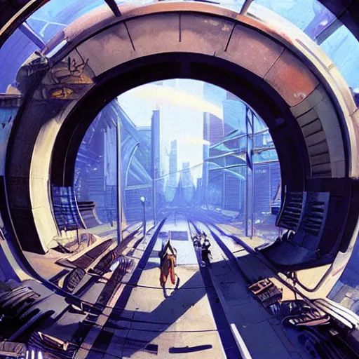 Image similar to overgrown futuristic cityscape located under a bridgeway, world seen only through a portal, daylight, cinematic perspective, cinematic lighting, blue sky, syd mead, john harris, symmetrical