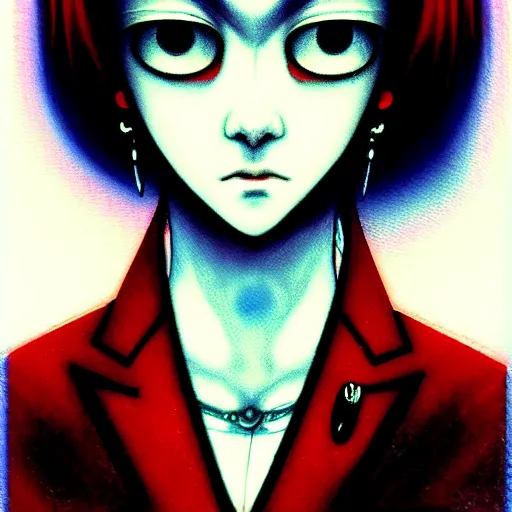 Image similar to yoshitaka amano blurred and dreamy realistic three quarter angle horror portrait of a sinister young woman with short black hair, big earrings and red eyes wearing office suit with tie, junji ito abstract patterns in the background, satoshi kon anime, noisy film grain effect, highly detailed, renaissance oil painting, weird portrait angle, blurred lost edges