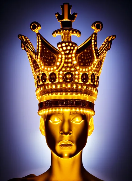 Image similar to queen chess piece photo, crown made of led point lights, pearlescent skin, skin made of led point lights, very detailed, highly detailed background, reflective chessboard, photorealism, sharp focus, photorealism , soft diffuse autumn lights, some sunlight ray, dark room wall, canon 5D 50 mm lens