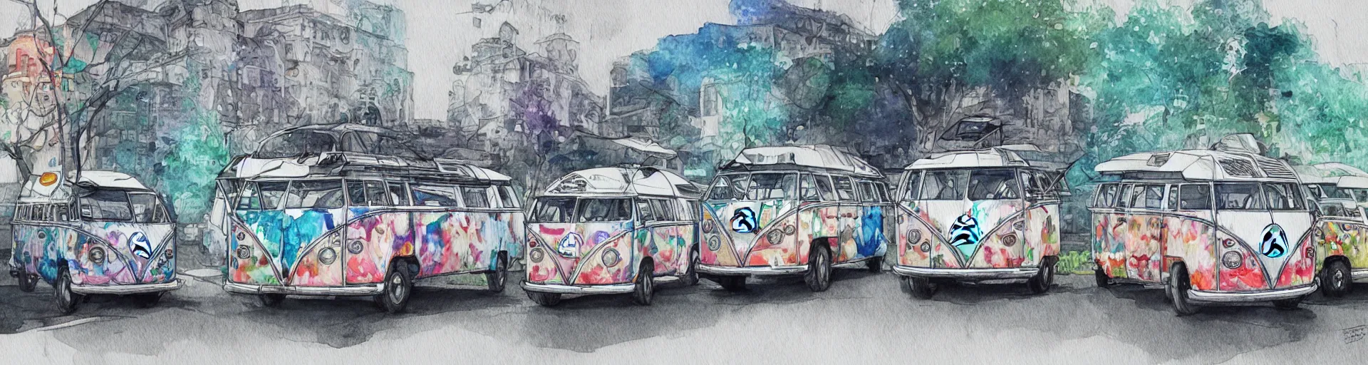 Prompt: vw bus on a street, centered award winning watercolor pen illustration, edited by range murata, tiny details by artgerm and watercolor girl