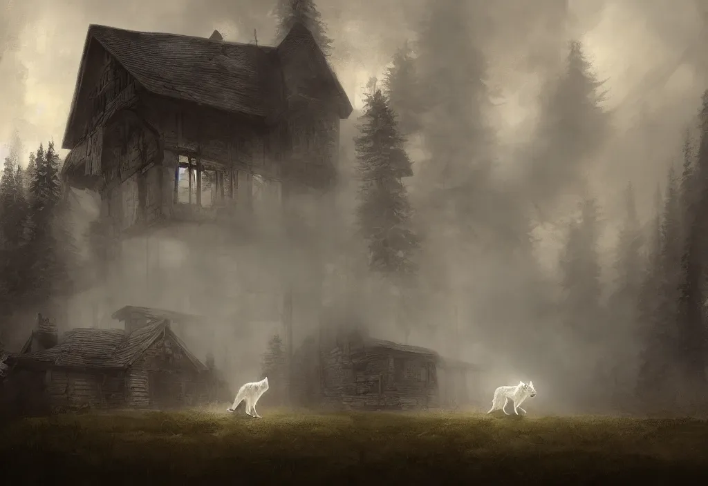 Image similar to a white wolf in front of a large burning timber house, artstation, jakub rozalski, high detail, dramatic lighting, night, fog