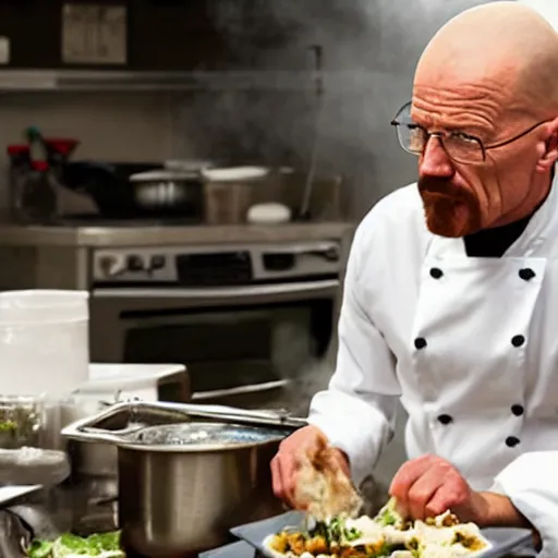 Prompt: Walter White cooking a meal