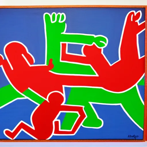 Image similar to acrylic abstract painting using primary red and blue on canvas, by keith haring and andy warhol