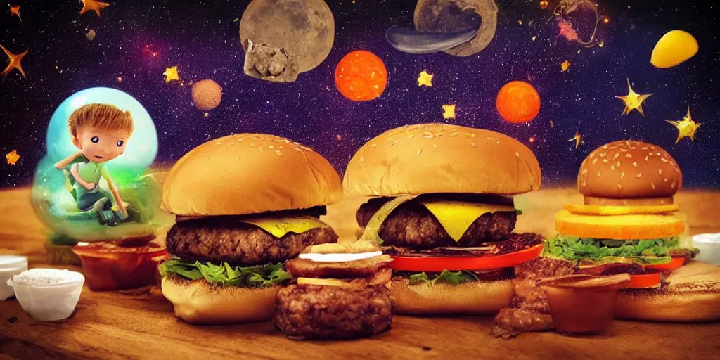 Prompt: a dream of time gone by, where I was eating burgers and not so hungry, realistic, out of this world, alien, sleepy, on a mini world, the little prince from outer space, colorful, gangly, dream, vial of stars, metallic, satisfying render, tiny people devouring food, the happiest moment, joy