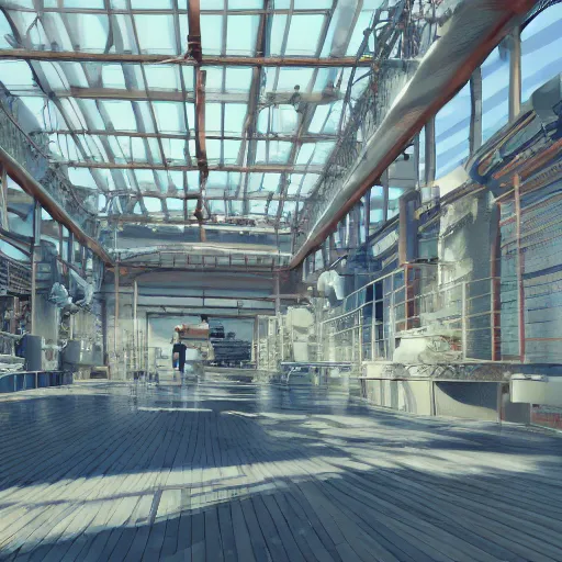 Image similar to a relaxing room in a tuna cannery, high quality, 8 k, architecture, symmetrical, harmonious, complementary colors, calm, high coherence, natural lighting, path traced, highly detailed, hyperrealistic, concept art, octane render, unreal engine 5, trending on artstation, beautiful, elegant