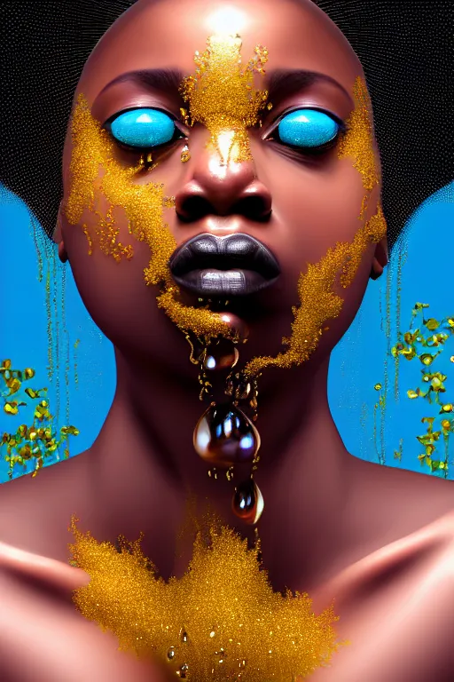 Prompt: hyperrealistic precisionist cinematic profile very expressive! black oshun goddess, in water! up to shoulders, mirror dripping droplet!, gold flowers, highly detailed face, digital art masterpiece, smooth eric zener cam de leon, dramatic pearlescent turquoise light on one side, low angle uhd 8 k, shallow depth of field, photojournalism