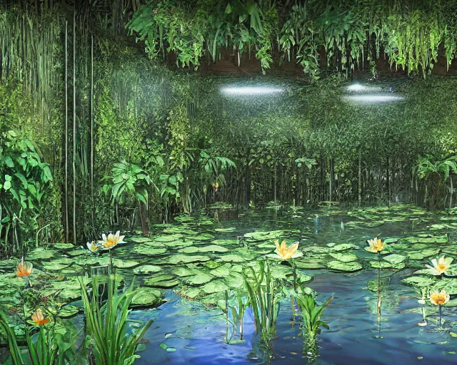 Image similar to A flooded ballroom overgrown with aquatic plants, flowers, lily pads, vines, majestic, dramatic lighting, digital art, trending on Artstation