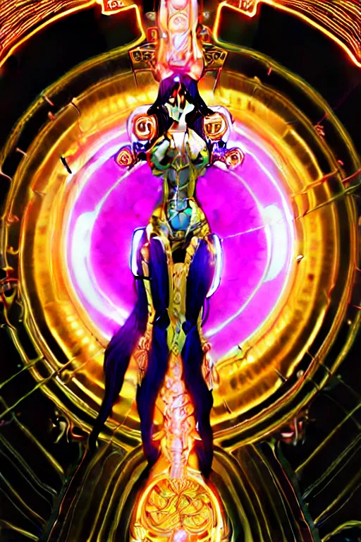 Image similar to symmetrical feminine solarpunk cyborg goddess rendered in Cinema 4D, elegant and ornate futuristic silk robes, held aloft by thousands of glowing neon wires, glowing white neon eyes, platinum and golden flowing long hair, art by Artgerm and Alphonse Mucha, hyperrealism, full body photogenic shot, digital render, cinematic lighting ornate earrings, 8k resolution, masterpiece work