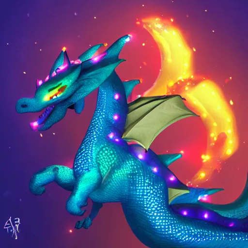 Prompt: light and colorful sparkles in shape of a dragon, cinematic, trending on artstation