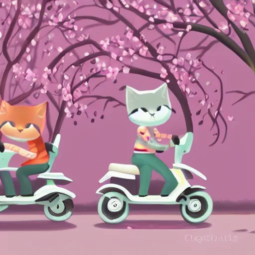 Prompt: a cute artwork of two chibi cats riding scooters through a forest of cheery blossom trees, procreate