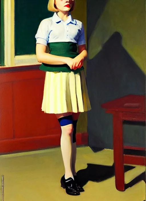 Image similar to oil painting of annasophia robb in a learning uniform, stockings, teaching you a lesson by Bryan Lee O'Malley, Edward Hopper, Francis Bacon