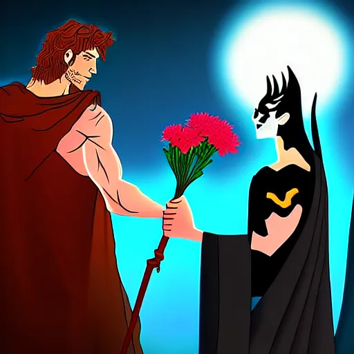 Prompt: ares giving flowers to hades, digital art