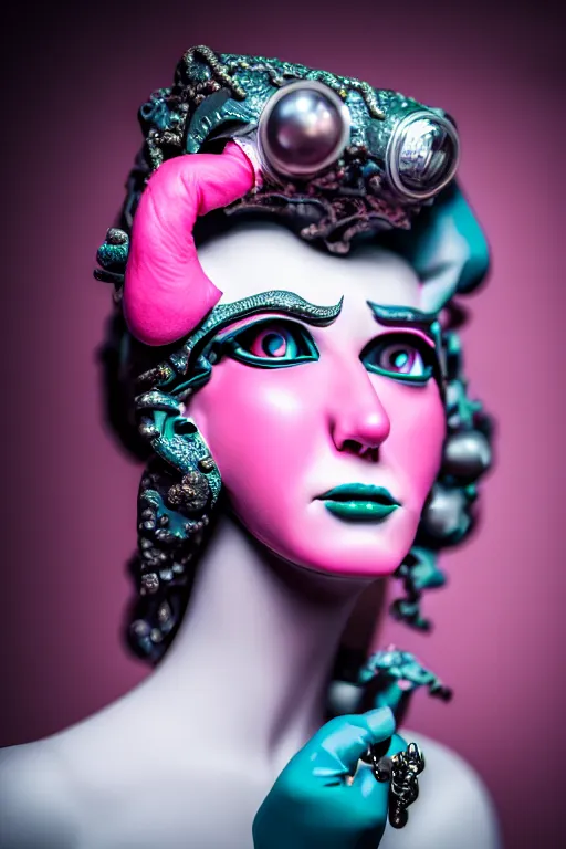 Prompt: hyperrealistic very detailed profile of rococo woman with pink eyes and mechanical mouth tjalf sparnaay very dramatic dark teal lighting wide angle 35mm shallow depth of field 8k