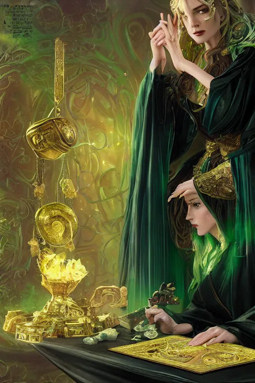 Prompt: a sorceress wearing a black robe with gold embroidery, sitting at table, casting a spell, green glows, painted by artgerm and tom bagshaw and alphonse mucha, in the style of magic the gathering, highly detailed digital art