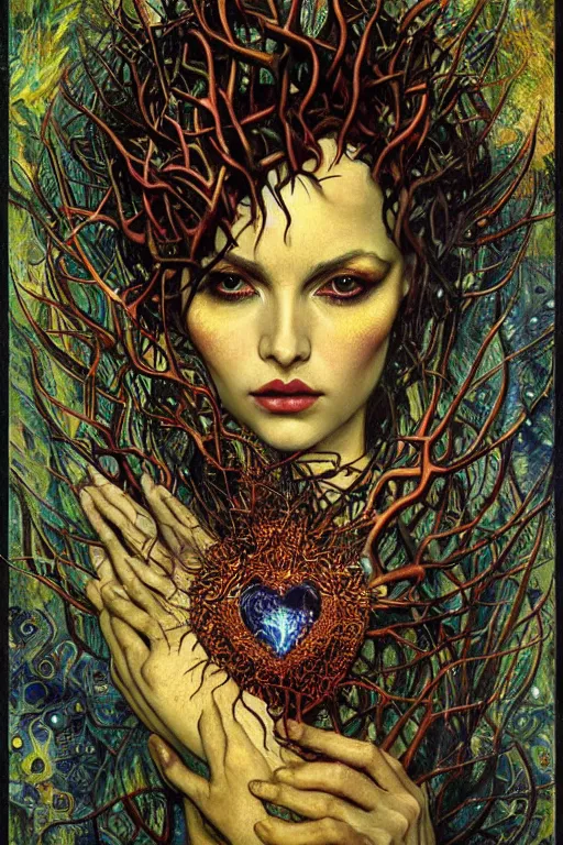 Image similar to Heart of Thorns by Karol Bak, Jean Deville, Gustav Klimt, and Vincent Van Gogh, Surreality, otherworldly, infernal enigma, Helliquary, fractal structures, celestial, arcane, ornate gilded medieval icon, third eye, spirals, dramatic sharp thorns, rich deep moody colors