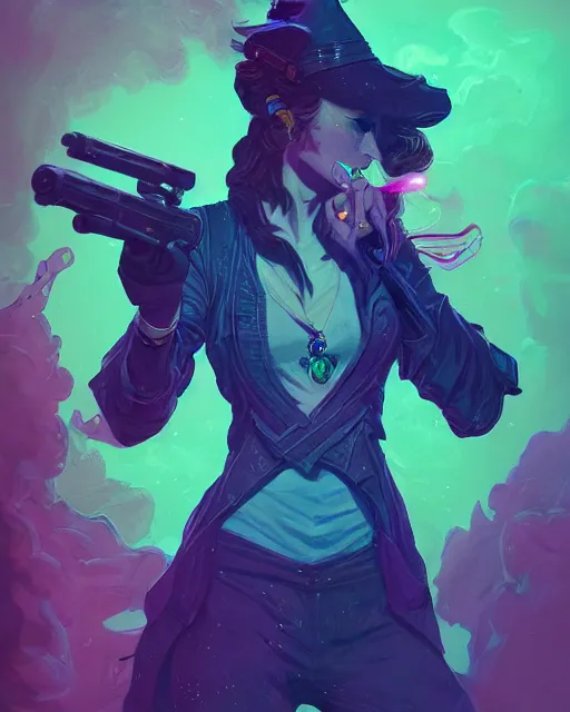 Image similar to A sorcerer wielding two Glock pistols, bust shot, smooth, intricate, elegant, power aura, neon glowing spells, digital painting, artstation, concept art, high tech fantasy, sharp focus, illustration, art by James Jean