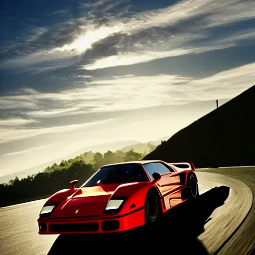 Prompt: arnold schwarzenegger driving a ferrari f 4 0, photo of the year, golden hour, highly detailed