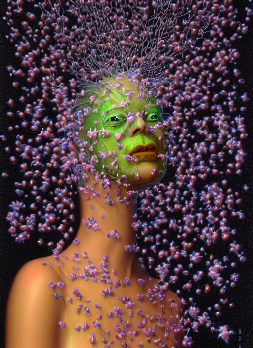 Image similar to hyper detailed 3d render like a Oil painting - Aurora (Singer) Eats of the Strangling Fruit and Her gossamer polyp blossoms bring iridescent fungal flowers whose spores black the foolish stars by Jacek Yerka, Mariusz Lewandowski, Houdini algorithmic generative render, Abstract brush strokes, Masterpiece, Edward Hopper and James Gilleard, Zdzislaw Beksinski, Mark Ryden, Wolfgang Lettl, hints of Yayoi Kasuma, octane render, 8k