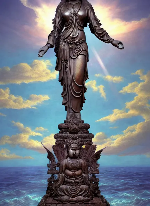 Image similar to guanyin stand on big loutus, a godness of the southern seas, a realistic setting with muted colors, visual novel cover, by yoshitaka amano, zeng fanzhi, jane hamilton, tiffany studios, sunrays shine uponit, frostbite 3 engine, cryengine, dof, trending on artstation, digital art, fantasy detailed background