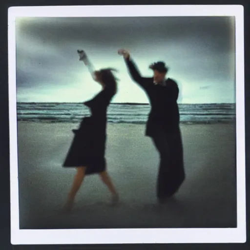 Prompt: 9 0 s polaroid photograph of a man and woman both wearing trenchcoats at night, dancing together on a beach during cloudy weather, vignette