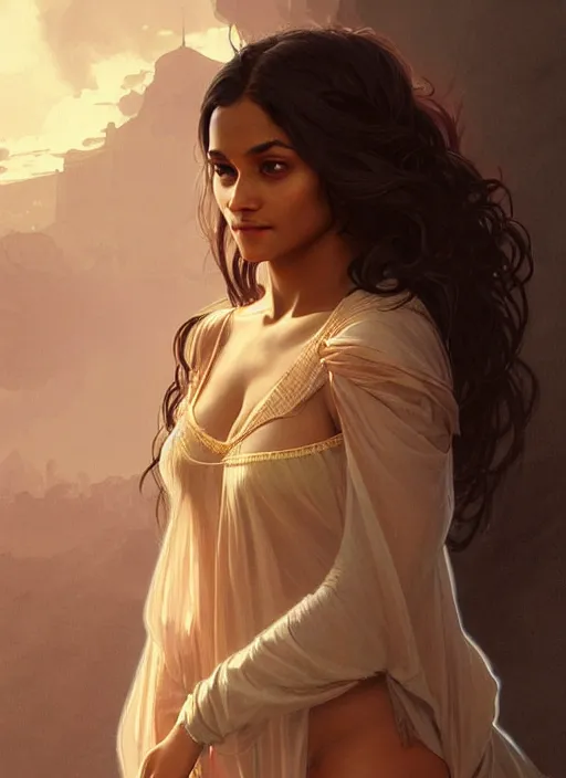 Image similar to cute brown woman wearing a transparent night gown, fantasy, intricate, highly detailed, digital painting, artstation, concept art, wallpaper, smooth, sharp focus, illustration, art by artgerm and greg rutkowski and alphonse mucha