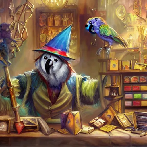 Image similar to Magic the gathering artwork of Anthropomorphized parrot trader in his shop, shelves full, selling a gem, portrait, items, magic potions, carpet, window, fancy funny hat, sly expression , cunning expression, cute expression, presenting magic gem, D&D, fantasy, cinematic lighting, highly detailed, digital painting, artstation, concept art, smooth, sharp focus, illustration, warm light, cozy warm tint, magic the gathering artwork, volumetric lighting, 8k, no gold, no gold colours, art by Akihiko Yoshida and Greg Rutkowski