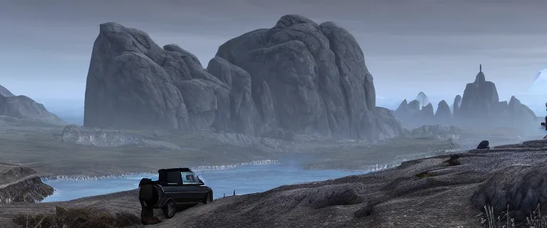 Image similar to Land Rover Defender 110 (1985), The Elder Scrolls V: Skyrim, Solitude seen in the distance, Blue Palace is seen in the distance towering above the landscape, Haafingar Hold, an epic fantasy, the sea seen behind the city, dramatic lighting, cinematic, establishing shot, extremely high detail, photorealistic, cinematic lighting, artstation, by simon stalenhag