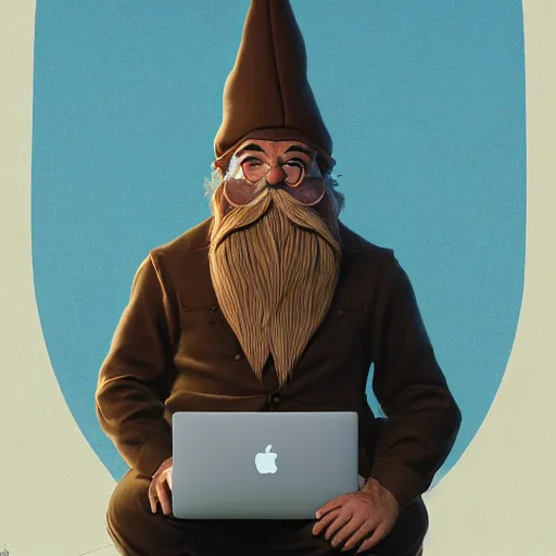 Image similar to chill gnome - like man, long brown beard, oversized brown mustache, macbook on his lap, wispy smoke, whimsical, art nouveau, photorealistic, octane render, unreal engine, mucha, magritte, artgerm, greg rutkowski, trending on artstation, super detailed, 8 k, control the soul