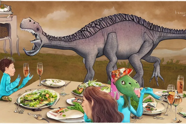 Image similar to a high quality highly detailed illustration of a dinosaur at a fancy dinner by mark teague, digital art, award winning childrens book