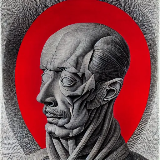 Prompt: red conceptual post - mortem monumental portrait made by escher and william blake and salvador dali, highly conceptual art, intricate detailed painting, illustration sharp detail, manga 1 9 9 0