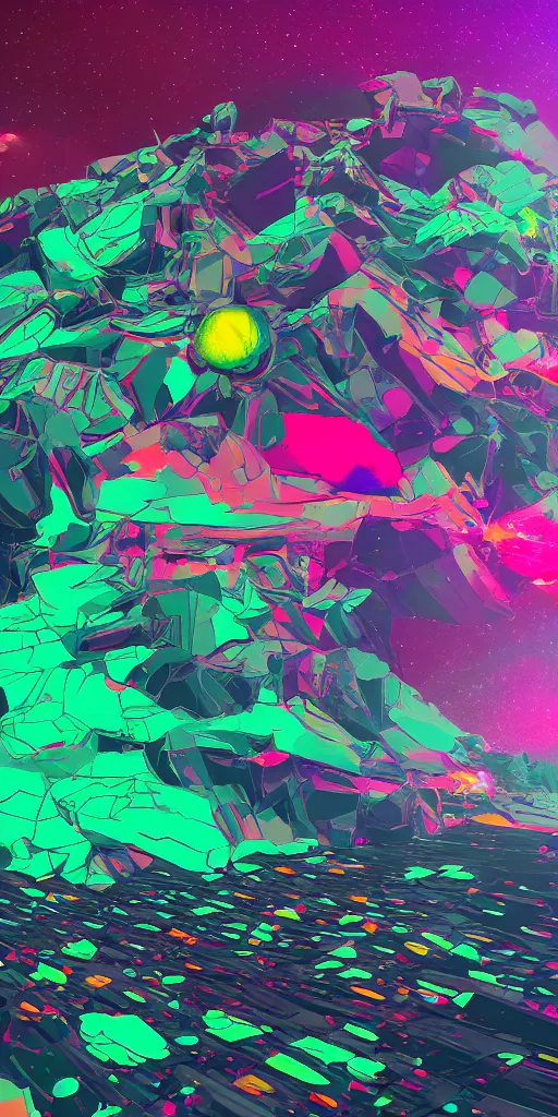 Prompt: partially disintegrated stone drifting in outer space with a colorful trail, psychedelic art, vaporwave art, glitchcore art, detailed, 8 k, trending on artstation