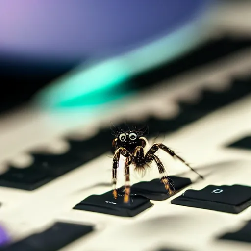 Image similar to a jumping spider, using a miniature computer keyboard, by pixar, macro lens, iridescent