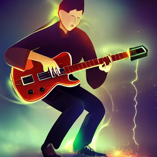 Image similar to a guitarist playing so intensely there is electricity shooting out from his guitar, energy beams under his finger tips, and magic sparkles from the freboard, amazing ditial art, trending on artstation, featured on deviantart