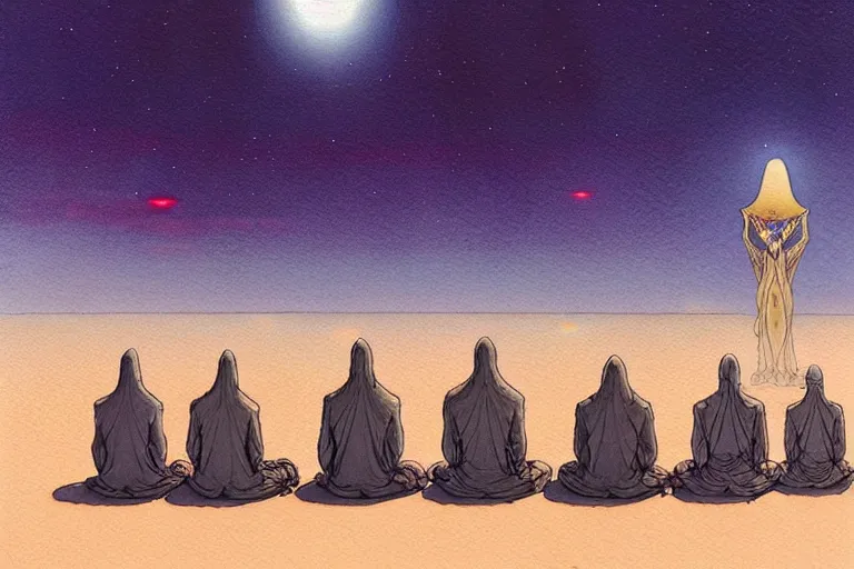 Prompt: a hyperrealist watercolour character concept art portrait of a group of middle eastern men kneeling down in prayer in front of an elegant alien with 1 2 eyes on a misty night in the desert. a ufo is in the background. by rebecca guay, michael kaluta, charles vess and jean moebius giraud