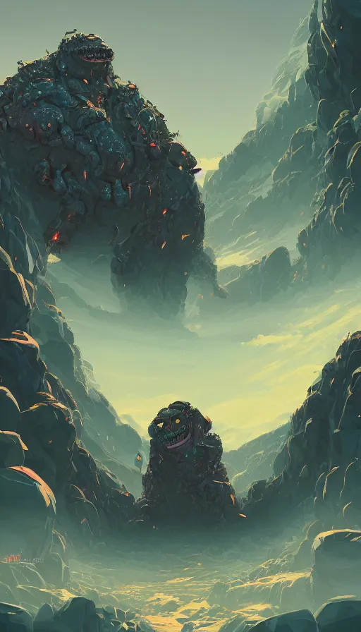 Image similar to rock monster, true evil, dormant in chains, sharp focus, james gilleard, cinematic, game art, extremely detailed digital painting