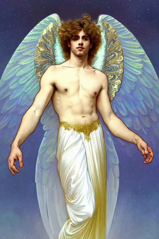 Image similar to fullbody portrait of a beautiful young fit male angel with curly blond hairs, soft smile, closed eyes, blessing palms, dressed in long fluent skirt, majestic symmetrical eagle wings, luminous halo, by greg rutkowski and alphonse mucha, gradient white to gold, in front of an iridescent background, highly detailed portrait, digital painting, smooth, sharp focus illustration