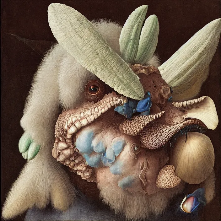 Image similar to close up portrait of a mutant monster creature with white fluffy moth pouf, exotic lily ears, delicate blue sea shell conch corns, snout. by jan van eyck, walton ford