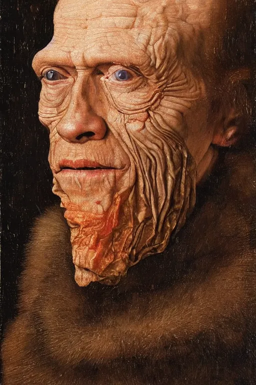 Image similar to portrait of willem dafoe with too many face wrinkles, oil painting by jan van eyck, northern renaissance art, oil on canvas, wet - on - wet technique, realistic, expressive emotions, intricate textures, illusionistic detail