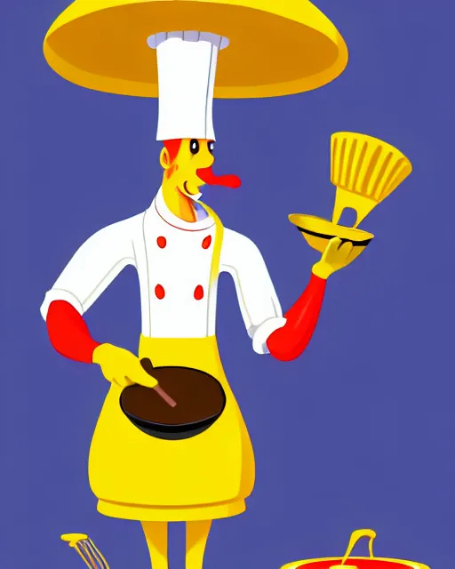 Image similar to an anthropomorphic mushroom chef cooking a meal, fantasy cartoon illustration, bold colors, simple shapes, trending on artstation