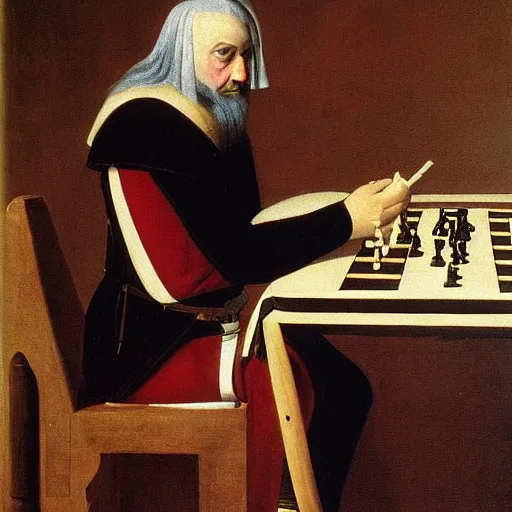 Prompt: portrait painting of a medieval King playing chess by George Stubbs, oil painting, old master, masterpiece