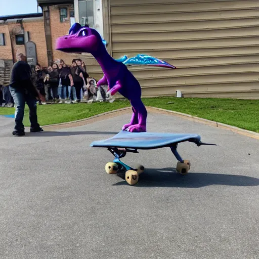 Prompt: photo of barney the dinosaur skateboarding