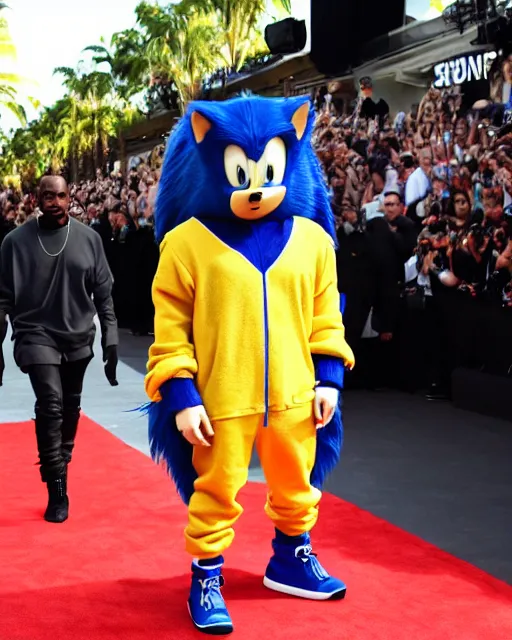 Prompt: a photo of Kanye West cosplaying as sonic the hedgehog at a red carpet event, crisp, 4k, paparazzi photo