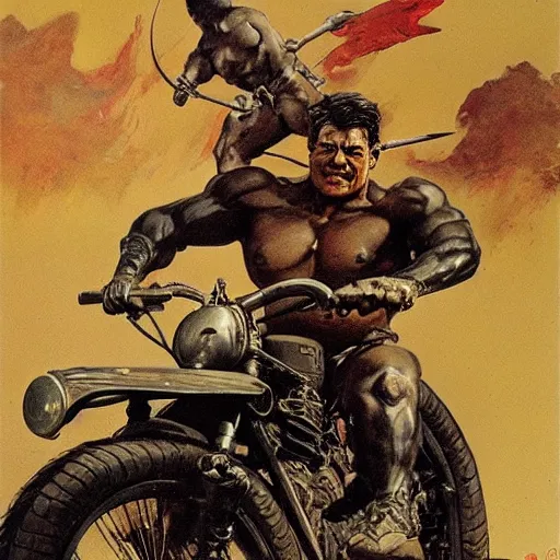 Image similar to into glory ride, artwork by Frank Frazetta, motorcycle, muscular man riding into battle holding sword