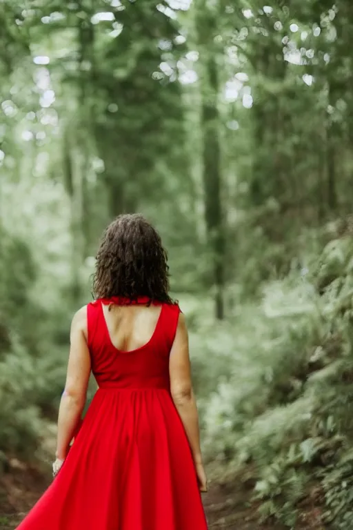 Prompt: woman in a red sleeveless dress facing camera, blurry image, out of focus