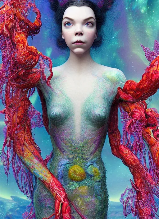 Image similar to hyper detailed 3d render like a Oil painting - very coherent Aurora profile (a beautiful fae princess protective playful expressive acrobatic from dark crystal that looks like Anya Taylor-Joy) seen red carpet photoshoot in UVIVF posing in scaly dress to Eat of the Strangling network of yellowcake aerochrome and milky Fruit and His delicate Hands hold of gossamer polyp blossoms bring iridescent fungal flowers whose spores black the foolish stars by Jacek Yerka, Ilya Kuvshinov, Mariusz Lewandowski, Houdini algorithmic generative render, golen ratio, Abstract brush strokes, Masterpiece, Victor Nizovtsev and James Gilleard, Zdzislaw Beksinski, Mark Ryden, Wolfgang Lettl, hints of Yayoi Kasuma and Dr. Seuss, Grant Wood, octane render, 8k