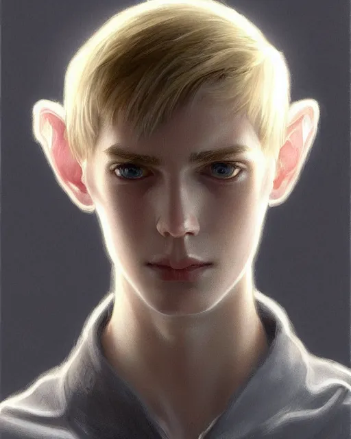 Image similar to portrait of 1 5 - year - old boy, a tall, slender boy with a pale, pointed face, sleek blond hair, and ice grey eyes, cold grey eyes, highly detailed, digital painting, artstation, concept art, smooth, sharp focus, illustration, art by artgerm and greg rutkowski and alphonse mucha