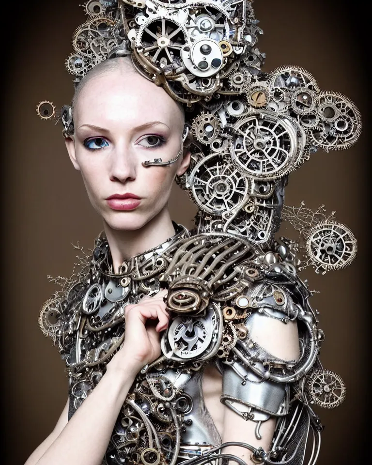 Image similar to highly detailed full body portrait of a complex bio-mechanical beautiful young female cyborg with a steampunk metal fine lace face, retrofuturistic depressing hopeless horrific vibe, full shot, pale skin, curled silver metallic hair and a fine metal floral foliage lace collar by Alexander McQueen:: high fashion, haute couture, rococo, steampunk, fine silver filigree details, anatomical, facial muscles, cable wires, microchip, elegant, hyper realistic, 150 mm lens, soft rim light, octane render, unreal engine, volumetric lighting, 8k, muted reflective metallic coloring, sharp focus