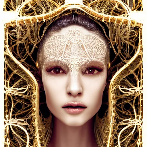 Prompt: very beautiful woman, full face frontal centered, portrait, detailed intricate symmetrical ornate neon cables connected to head, clear lips, luxurious hair, sophisticated abundent wiring and implants, translucent, porcelain, fractal, sci - fi, golden, dramatic lighting, photography, highly detailed, trending on artstation, deviantart, 8 k, by chie yoshii